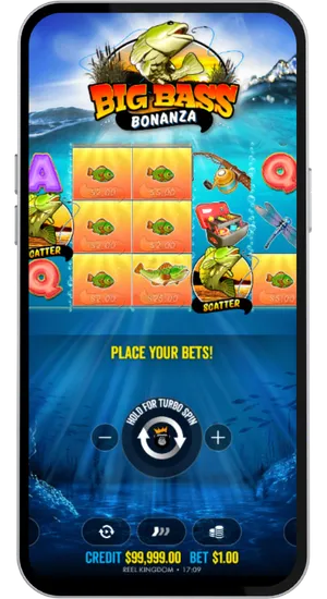 Big Bass Bonanza reels with two scatter symbols landing and fish prizes highlighted in orange
