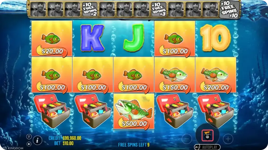 Big Bass Bonanza cash fish symbols with values and increasing win multiplier during free spins