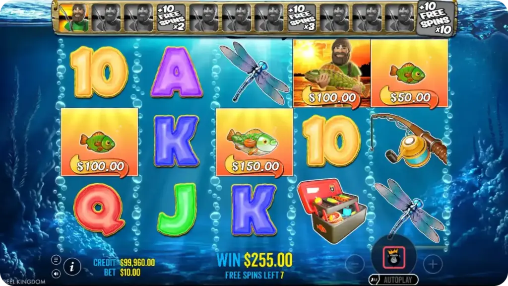 Big Bass Bonanza Wild fisherman symbol landing on the reels and collecting cash fish values